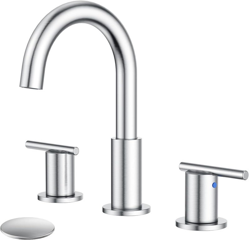 Hurran Bathroom Faucets for 3 Hole Sinks, 8 Inch Brushed Nickel Double Handle Bathroom Sink Faucet with 360° Rotating Spout & Pop-Up Drain, Widespread Faucet Suitable for Vanity, RV & Outdoor Sinks - Image 1